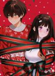  1boy 1girl bangs black_hair blush bound bow breasts brown_hair character_request christmas christmas_sweater green_eyes hair_between_eyes hairband hetero highres hyouka jacket large_breasts long_hair long_sleeves mery_(yangmalgage) nervous_smile polka_dot polka_dot_background ribbon simple_background smile sweat sweater violet_eyes 