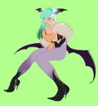  1girl bangs bare_shoulders bat_wings between_legs black_footwear black_leotard boots breasts demon_girl elbow_gloves fur_trim gloves green_background green_hair hair_between_eyes hand_between_legs head_wings high_heel_boots high_heels highleg highleg_leotard horikwawataru invisible_chair leotard long_hair looking_back low_wings morrigan_aensland orange_gloves pantyhose purple_legwear purple_wings simple_background sitting solo succubus vampire_(game) wings yellow_eyes 