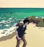  1boy bag beach black_hair bottle flat_color holding holding_bottle kawano looking_at_viewer ocean open_clothes open_shirt original plaid rock sand scenery short_hair solo teeth water waves 