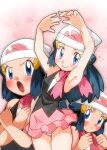  1girl beanie blue_eyes blue_hair blush breasts closed_mouth hikari_(pokemon) hainchu hair_ornament hat long_hair looking_at_viewer midriff multiple_views official_style open_mouth panties pokemon pokemon_(anime) pokemon_dppt_(anime) scarf skirt small_breasts smile solo underwear 