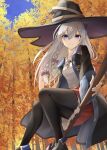  1girl autumn_leaves black_footwear black_headwear black_legwear black_neckwear black_robe blue_eyes boots broom broom_riding elaina_(majo_no_tabitabi) eyebrows_visible_through_hair hat highres kanaria_(kanari_as) leaf looking_at_viewer majo_no_tabitabi maple_leaf open_clothes open_robe red_skirt robe shirt silver_hair skirt solo thighs white_shirt witch witch_hat 