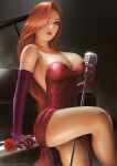  1girl bare_shoulders covered_navel curvy elbow_gloves gloves jessica_rabbit large_breasts lipstick looking_at_viewer microphone purple_gloves red_flower red_hair solo who_framed_roger_rabbit yupachu 
