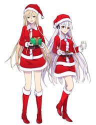  2girls absurdres belt blonde_hair boots cookie food full_body gift girls_frontline green_eyes hat highres kar98k_(girls_frontline) knee_boots milk multiple_girls redhead santa_costume santa_hat silver_hair stg44_(girls_frontline) suprii 