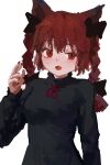  1girl animal_ears bangs black_bow black_dress bow braid cat_ears dress eyebrows_visible_through_hair hair_bow hair_ribbon hand_up highres kaenbyou_rin long_hair looking_to_the_side neck_ribbon open_mouth red_eyes red_nails red_neckwear red_ribbon reddizen redhead ribbon simple_background solo standing touhou tress_ribbon twin_braids upper_body white_background 