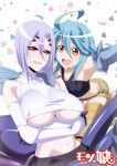  2girls :d ahoge arachne bare_shoulders blue_hair blue_wings breasts carapace commentary_request detached_sleeves extra_eyes feathered_wings hair_between_eyes happy harpy highres insect_girl kagiyama_(clave) large_breasts looking_at_viewer monster_girl monster_musume_no_iru_nichijou multiple_girls open_mouth orange_eyes papi_(monster_musume) rachnera_arachnera red_eyes short_hair short_shorts shorts silver_hair small_breasts smile spider_girl under_boob wings 