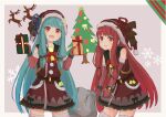  2girls bell blue_hair box christmas_tree commentary cowboy_shot dress fujidanuki fur-trimmed_headwear fur-trimmed_legwear fur-trimmed_sleeves fur_trim gift gift_box hat highres holding holding_gift holding_sack kotonoha_akane kotonoha_aoi leaning_forward long_hair looking_at_viewer multiple_girls open_mouth red_dress red_eyes red_headwear red_sleeves redhead reindeer sack santa_hat siblings sidelocks sisters smile snowflakes striped_sleeves thigh-highs very_long_hair voiceroid 