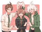  3boys ahoge arm_up black_jacket blush brown_eyes brown_hair closed_eyes coat collared_shirt commentary_request dangan_ronpa:_trigger_happy_havoc dangan_ronpa_(series) dangan_ronpa_2:_goodbye_despair drooling embarrassed floral_print green_coat green_eyes green_hoodie green_neckwear heart heart_hands heart_hands_duo heart_print height_difference highres hinata_hajime hood hood_down hoodie jacket komaeda_nagito long_hair looking_at_viewer male_focus multiple_boys naegi_makoto necktie open_clothes open_mouth open_shirt print_shirt revo_toumeijin shirt short_hair short_sleeves smile upper_body upper_teeth white_hair white_shirt 