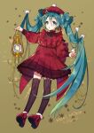  1girl :o animal bangs beret bird black_legwear blush boots bow brown_background commentary_request dress full_body fur-trimmed_boots fur_trim green_eyes green_hair hair_between_eyes hat hatsune_miku highres holding lace-trimmed_legwear lace_trim lantern long_hair long_sleeves looking_at_viewer manle parted_lips puffy_long_sleeves puffy_sleeves red_bow red_dress red_footwear red_headwear signature snowflake_background solo striped striped_legwear thigh-highs twintails vertical-striped_legwear vertical_stripes very_long_hair vocaloid 