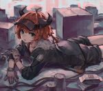  1girl :o ahoge arknights black_jacket black_shorts box brown_gloves can cardboard_box collarbone cow_horns cowboy_shot croissant_(arknights) gloves green_eyes highres horns jacket looking_at_viewer lying on_floor on_stomach open_mouth orange_hair short_hair shorts solo visor_cap yanyan_(shinken_gomi) 