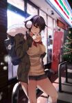  1girl absurdres beige_sweater black_hair black_skirt breasts brown_coat brown_eyes bun_(food) christmas_tree coat contrapposto earmuffs eating eyebrows_visible_through_hair feet_out_of_frame food fur_trim highres holding holding_food jovejun large_breasts looking_down miniskirt night open_mouth original pleated_skirt red_neckwear red_serafuku short_hair_with_long_locks skirt solo standing thick_eyebrows v-shaped_eyebrows white_legwear 
