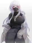  1girl azur_lane bangs belfast_(azur_lane) black_mask blue_eyes braid breasts contemporary eyebrows_visible_through_hair face_mask female highres jacket large_breasts long_hair looking_at_viewer mask mouth_mask off_shoulder open_clothes open_jacket pants simple_background solo surgical_mask turtleneck white_background white_hair yuki_(asayuki101) 
