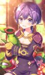  1girl armor bangs bernadetta_von_varley black_dress blurry blurry_background blush brown_gloves character_doll collarbone commentary_request depth_of_field dress earrings eyebrows_visible_through_hair fire_emblem fire_emblem:_three_houses gloves hair_between_eyes highres holding jewelry long_sleeves looking_at_viewer parted_lips pauldrons purple_hair sakura_tsubame short_hair shoulder_armor sitting smile solo violet_eyes window 