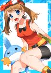  1girl absurdres belt bike_shorts bike_shorts_under_shorts blush bow_hairband brown_hair collarbone dutch_angle fanny_pack gen_3_pokemon hairband happy highres looking_at_viewer may_(pokemon) mudkip open_mouth pokemon pokemon_(creature) pokemon_(game) pokemon_oras shorts sitting smile tank_top yuihico 