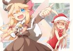  2girls ;d animal_costume animal_ears bangs bare_shoulders bell belt blonde_hair blue_eyes blush bow bowtie brown_capelet brown_coat brown_headwear capelet coat commentary deer_ears dress dress_tug embarrassed eyes_visible_through_hair fairy_wings fake_animal_ears fake_antlers fur-trimmed_capelet fur-trimmed_headwear fur_trim hair_between_eyes hair_bow hair_ribbon hat highres lily_black lily_white long_hair long_sleeves looking_at_another looking_at_viewer multiple_girls neck_bell nose_blush one_eye_closed open_mouth outstretched_arm pink_bow pink_neckwear pointing pointing_at_viewer red_eyes red_headwear reindeer_costume ribbon sack santa_costume santa_hat sleeveless sleeveless_dress smile sweatdrop touhou tress_ribbon v-shaped_eyebrows wavy_mouth wings wrist_cuffs yutamaro 