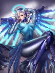  1girl alternate_color armor blonde_hair blue_eyes bodysuit boobplate breastplate breasts breasts_apart highres large_breasts liang_xing mechanical_wings medium_hair mercy_(overwatch) overwatch skin_tight snow tagme wings 