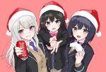  3girls bangs black_hair black_jacket blazer blue_eyes blue_hair blue_jacket blush bow bowtie brown_vest can cardigan christmas coca-cola collared_shirt commentary eyebrows_visible_through_hair grin hair_between_eyes hair_ornament hairclip hat higuchi_kaede holding holding_can jacket jk_gumi_(nijisanji) karu_(kashimiru8143) long_hair long_sleeves looking_at_viewer merry_christmas mole mole_under_eye multiple_girls necktie nijisanji open_blazer open_clothes open_jacket open_mouth pink_eyes pink_neckwear pom_pom_(clothes) ponytail purple_neckwear red_background red_headwear santa_hat school_uniform shirt shizuka_rin short_hair silver_hair simple_background smile straight_hair teeth tsukino_mito upper_body vest virtual_youtuber white_shirt wing_collar yellow_eyes yellow_vest 