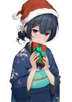  1girl bangs blue_hair blue_kimono blush floral_print flower furisode gift hair_flower hair_ornament hat highres holding holding_gift idolmaster idolmaster_shiny_colors japanese_clothes kimono long_sleeves looking_at_viewer morino_rinze obi open_mouth red_eyes santa_hat sash short_hair simple_background solo soya_(torga) upper_body white_background 