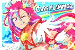  aqua_hair character_name commentary cure_flamingo dark_skin earrings feather_earrings feathers fingerless_gloves gloves grin hair_ornament hitopm jewelry long_hair looking_at_viewer magical_girl midriff multicolored_hair one_eye_closed pointing precure rainbow redhead sleeveless smile takizawa_asuka tropical-rouge!_precure two-tone_hair upper_body very_long_hair violet_eyes white_gloves 