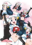  1girl alternate_costume ass black_legwear blue_eyes blue_hair breasts closed_mouth cosplay hikari_(pokemon) hainchu jessie_(pokemon) jessie_(pokemon)_(cosplay) long_hair looking_at_viewer midriff multiple_views navel official_style open_mouth pokemon pokemon_(anime) pokemon_dppt_(anime) skirt small_breasts team_rocket_uniform 