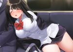  1boy 1girl black_hair black_skirt bow bowtie breasts closed_eyes commentary_request drooling kaisen_chuui large_breasts medium_hair open_mouth original panties red_neckwear school_uniform shirt side-tie_panties skirt sleeping thighs underwear white_shirt 