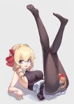  1girl absurdres animal animal_ears ass bangs between_legs black_legwear blonde_hair blue_eyes bow breasts chinese_commentary commentary_request feet grey_background hair_between_eyes hair_bow hair_intakes hair_ribbon han_(ozrfour) heart highres kneepits large_breasts long_hair looking_at_viewer lying no_bra on_back open_mouth panties panties_under_pantyhose pantyhose pinstripe_pattern red_bow ribbon short_hair sideboob simple_background sleeveless smile soles solo striped symbol-shaped_pupils tail underwear vertical_stripes virtuareal white_panties yukie_(virtuareal) 