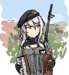  1girl accordion beret black_scarf breasts dutchko girls_frontline gloves grey_hair hat instrument long_hair partially_fingerless_gloves rifle_on_back scarf serbia_strong yellow_eyes zas_m76_(girls_frontline) 
