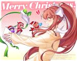  4girls :&gt; :d bow box commentary_request doki_doki_literature_club gift gift_box green_eyes hair_bow hair_ribbon halftone halftone_background hat heart highres in_box in_container jumping long_hair long_sleeves looking_at_another merry_christmas minigirl monika_(doki_doki_literature_club) multiple_girls nan_(gokurou) natsuki_(doki_doki_literature_club) open_mouth pink_eyes pink_hair ponytail profile purple_hair red_bow ribbon santa_costume santa_hat sayori_(doki_doki_literature_club) shirt short_hair sidelocks simple_background smile surprised violet_eyes white_ribbon yellow_shirt yuri_(doki_doki_literature_club) 