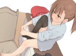  1girl backpack bag barefoot black_legwear blue_sweater blush brown_background brown_eyes brown_hair chair closed_mouth collarbone commentary_request highres knee_up looking_away no_shoes original randoseru single_thighhigh sitting solo sweater thigh-highs two-tone_background white_background yakihebi yakihebi&#039;s_brown_haired_loli 