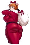  1girl :p animal_ears ass belt bow breasts brown_eyes brown_hair commentary_request elf-san_wa_yaserarenai. hair_bow highres huge_breasts looking_at_viewer looking_back oku_(elf-san_wa_yaserarenai) pig_ears pig_tail red_bow sack santa_costume short_hair solo synecdoche tail thick_thighs thighs tongue tongue_out 