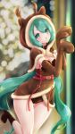  1girl animal_costume antlers aqua_eyes aqua_hair belt blurry blurry_background bokeh brown_capelet brown_dress capelet christmas commentary cowboy_shot depth_of_field dress fur-trimmed_capelet fur-trimmed_dress fur_trim hands_up hatsune_miku highres hood hood_up hooded_capelet leg_up long_hair open_mouth paw_pose reindeer_antlers reindeer_costume shio_kaze_(user_emuf8325) solo twintails very_long_hair vocaloid 