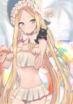  1girl abigail_williams_(fate/grand_order) abigail_williams_(swimsuit_foreigner)_(fate) bangs bare_shoulders bikini black_cat blonde_hair blue_eyes blush bonnet bow breasts cat fate/grand_order fate_(series) forehead hair_bow hinomaru_(futagun) innertube long_hair looking_at_viewer miniskirt navel parted_bangs paw_pose sidelocks skirt small_breasts smile swimsuit twintails very_long_hair white_bikini white_bow white_headwear 