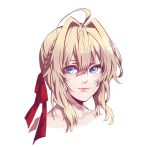  1girl absurdres ahoge bangs bare_shoulders blonde_hair blue_eyes braid close-up closed_mouth collarbone commentary hair_between_eyes hair_ribbon highres lips long_hair looking_at_viewer red_ribbon ribbon sep_(4108132) sidelocks simple_background smile solo violet_evergarden violet_evergarden_(character) white_background 