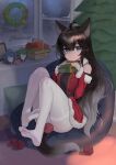  1girl animal_ears apple bare_shoulders black_hair cat_ears cat_girl christmas christmas_ornaments detached_sleeves dress feet food fruit full_body fur-trimmed_dress fur_trim gift highres little_nine long_hair looking_at_viewer merry_christmas no_shoes original pantyhose santa_costume soles thigh-highs white_legwear 