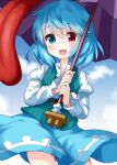  1girl blue_eyes blue_hair blush clouds contrapposto cowboy_shot heterochromia highres holding holding_umbrella karakasa_obake long_hair looking_at_viewer open_mouth red_eyes ruu_(tksymkw) short_hair skirt sky smile solo tatara_kogasa touhou umbrella vest 