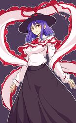  1girl bangs black_headwear black_skirt bow capelet closed_mouth collared_shirt dark_background eyebrows_visible_through_hair frilled_shawl frills hair_between_eyes hat hat_bow highres kakone long_skirt long_sleeves looking_at_viewer medium_hair nagae_iku purple_hair red_bow red_eyes red_neckwear shawl shirt simple_background skirt smile solo standing touhou white_capelet white_shirt 