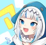  1girl :d absurdres animal_hood bangs blue_background blue_eyes blue_hair blue_hoodie blush commentary_request face fish gawr_gura highres hololive hololive_english hood hood_up hoodie looking_at_viewer multicolored_hair open_mouth shark_hood sharp_teeth smile solo streaked_hair tabi_(cufs5442) teeth upper_teeth virtual_youtuber white_background yellow_background 