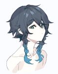  1boy aqua_hair black_hair blue_hair braid commentary_request from_side genshin_impact gradient_hair green_eyes korean_commentary looking_at_viewer multicolored_hair portrait shirtless simple_background solo tango_0906 twin_braids venti_(genshin_impact) white_background 