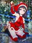  1girl arm_up bangs black_eyes black_hair boots breasts chiru christmas commentary dated dress elbow_gloves english_text eyebrows_visible_through_hair gloves halterneck hat holding kokaji_sukoya leaning_to_the_side looking_at_viewer medium_breasts medium_hair merry_christmas microdress parted_lips red_dress red_footwear red_gloves saki santa_boots santa_costume santa_dress santa_gloves santa_hat sitting snowflakes solo star_(symbol) wooden_floor yokozuwari 