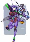 1girl blue_hair breasts brown_eyes eva_01 eyebrows_visible_through_hair fangs gun highres holding holding_gun holding_sword holding_weapon horns large_breasts mecha_musume michi_kuso neon_genesis_evangelion personification single_horn skin_tight solo standing standing_on_one_leg sword weapon 