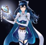  1girl alternate_costume ameno_(a_meno0) aqua_bow bangs blue_eyes blue_hair bow breasts cape commentary_request cosplay elbow_gloves fire_emblem fire_emblem_awakening floating_cape floating_hair gloves hair_between_eyes hair_bow hair_ornament japanese_clothes long_hair looking_at_viewer lucina_(fire_emblem) nontraditional_miko sakura_(fire_emblem) sidelocks simple_background slim_legs small_breasts solo staff standing striped striped_bow symbol-shaped_pupils thigh-highs white_gloves white_legwear zettai_ryouiki 