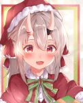  1girl absurdres bangs blush bow bowtie box christmas fang fur_trim gift gift_box green_neckwear grey_hair hair_between_eyes hair_ribbon hat highres hololive horns long_hair looking_at_viewer nakiri_ayame nono_i831 oni oni_horns open_mouth portrait red_eyes ribbon santa_costume santa_hat silver_hair skin_fang smile solo virtual_youtuber 