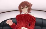  1girl blush breasts brown_hair carmine_(ucdio) closed_mouth couch flipped_hair from_below graphite_(medium) green_eyes highres indoors jewelry kantai_collection large_breasts long_sleeves looking_at_viewer mutsu_(kantai_collection) red_sweater ring short_hair sitting smile solo sweater traditional_media wedding_band 