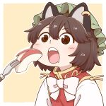  1girl animal_ears apple_bunny apple_slice brown_eyes brown_hair cat_ears chen ear_piercing fangs feeding fork hat mob_cap open_mouth piercing poronegi short_hair simple_background touhou upper_body 