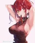  1girl armpits arms_up bangs bare_shoulders blush breasts hair_ribbon heterochromia hololive houshou_marine large_breasts long_hair looking_at_viewer mouth_hold open_mouth red_eyes redhead ribbon shuri_(84k) solo virtual_youtuber yellow_eyes 