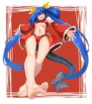  1girl absurdres alternate_color ass_visible_through_thighs asymmetrical_wings bare_shoulders barefoot bikini black_collar blue_hair breasts collar dizzy_(guilty_gear) eiji_(eiji) from_below guilty_gear highres large_breasts long_hair long_sleeves looking_at_viewer nail_polish navel open_mouth red_background red_eyes red_nails ribbon smile soles solo swimsuit tail under_boob wings 