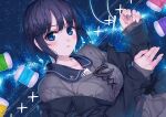  1girl amamiya_chiharu black_hair blue_eyes buttons collarbone jacket long_sleeves needle original sewing_needle short_hair spool starry_background thread 