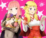  +_+ 2girls absurdres alternate_costume blonde_hair blue_eyes brown_eyes cosplay fire_emblem gloves highres holding igni_tion looking_at_viewer mitama_(fire_emblem) mitama_(fire_emblem)_(cosplay) multiple_girls open_mouth ophelia_(fire_emblem) ophelia_(fire_emblem)_(cosplay) paintbrush paper pink_hair v 