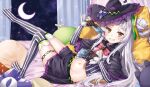  1girl bed belly blush capelet card commentary_request crop_top gloves grin hair_bun hair_ornament hat hololive leg_up long_hair looking_at_viewer midriff murasaki_shion navel night pillow ribbon silver_hair smile solo thigh-highs virtual_youtuber witch_hat yellow_eyes 