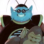  1boy antennae blue_skin brown_fur bubbles_(dragon_ball) colored_skin dragon_ball dragon_ball_z facing_viewer garrett_hanna grin jitome looking_at_viewer monkey north_kaiou smile sunglasses teeth white_background 