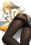  1girl black_legwear black_skirt closed_eyes gloves highres kantai_collection katori_(kantai_collection) katsuobushi_(eba_games) light_brown_hair long_sleeves lying military military_jacket military_uniform on_side pantyhose pillow short_hair sidelocks skirt sleeping solo thighband_pantyhose uniform white_gloves 